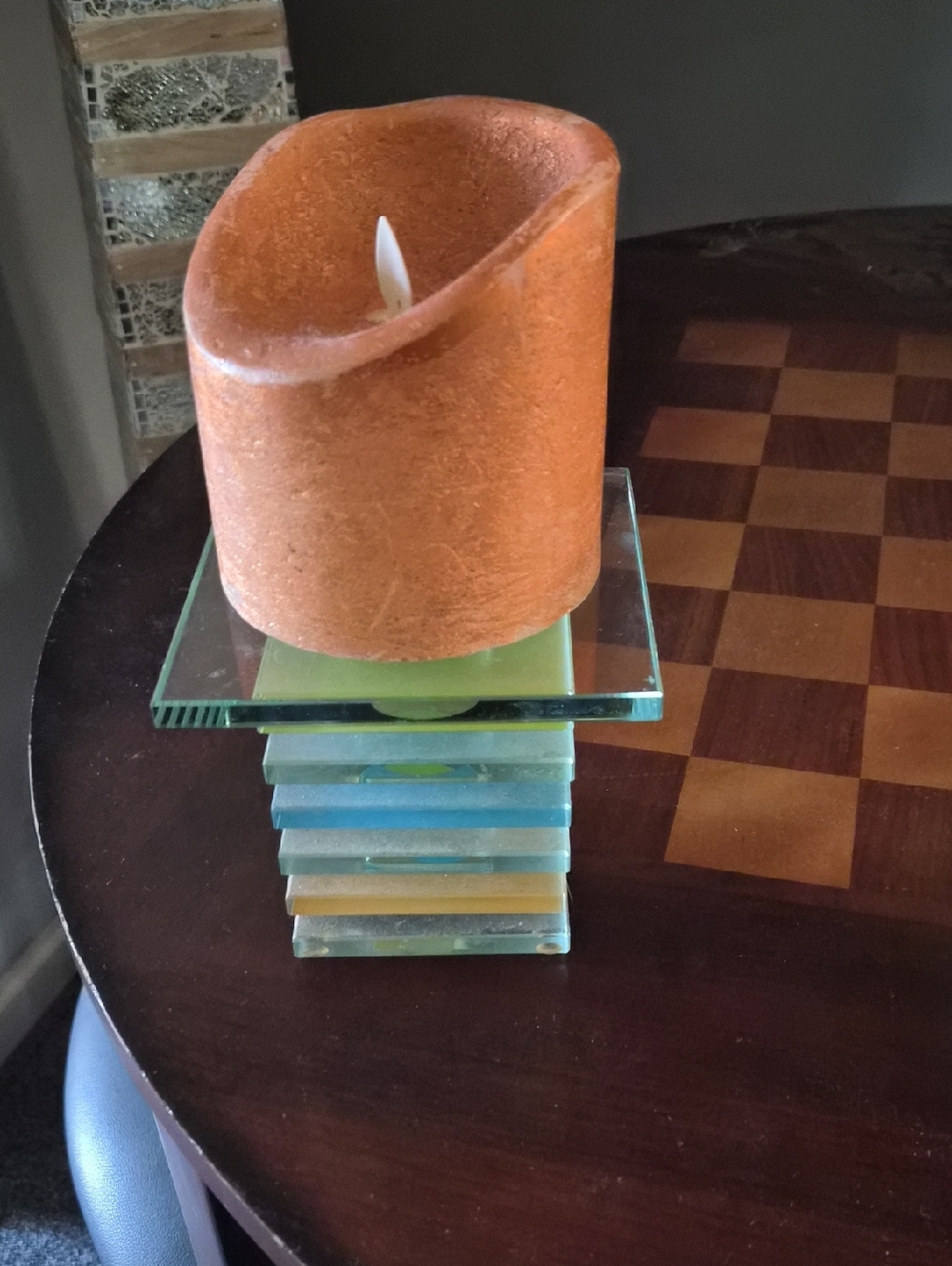 PartyLite Orange LED Pillar Candle on Stacked Glass Accent Stand